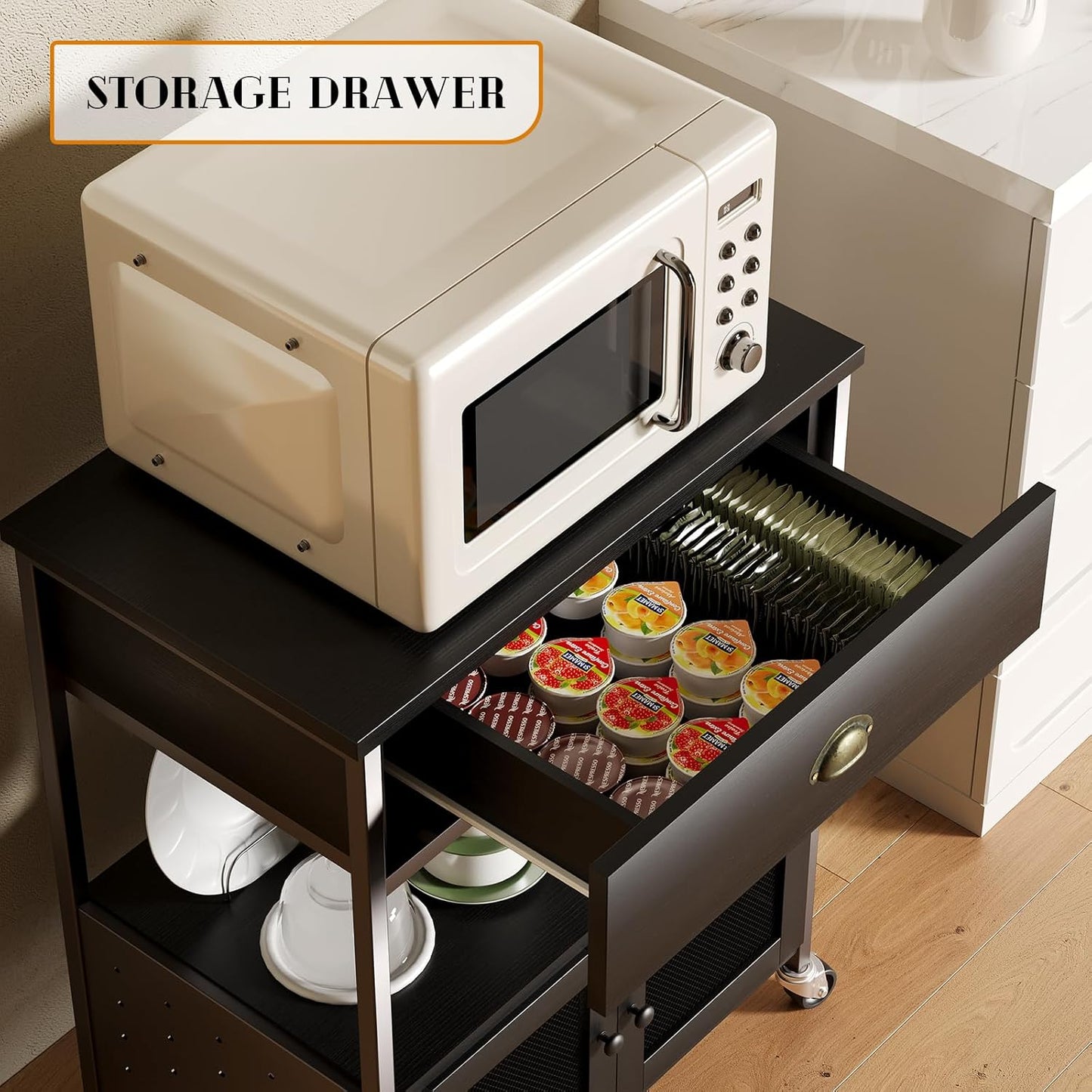 Coffee Cart Station with Storage Drawer, Small Microwave Stand with Storage Cabinet, Coffee Stand Station, Rolling Island Cart for Living Room, Dining Room, Kitchen, Black