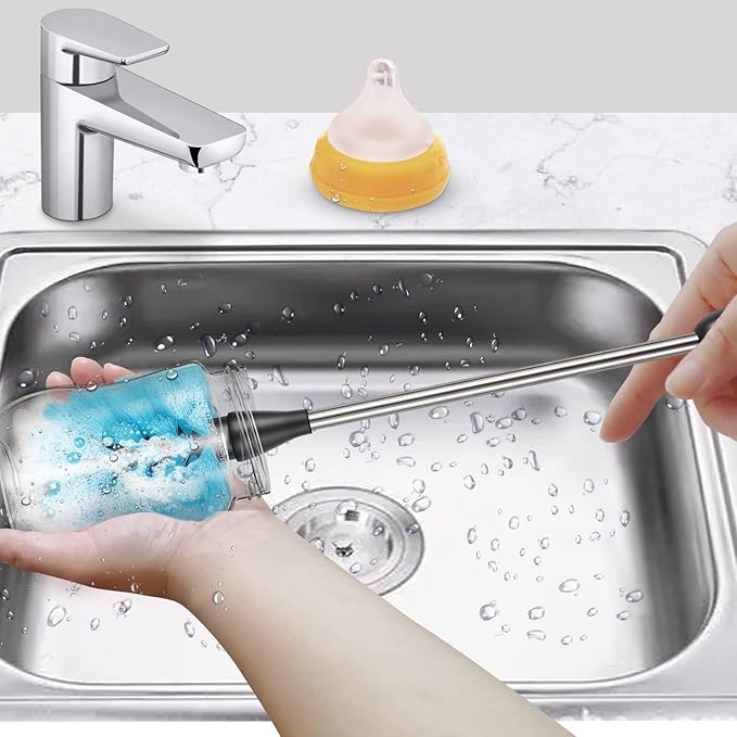 Stainless Steel Long Handled Water Bottle Brush-Flexible and Flexible Brush for Water Bottles, Milk Bottles, Glasses, Glassware, Food Jars, Wake-up Jars, 15 in.