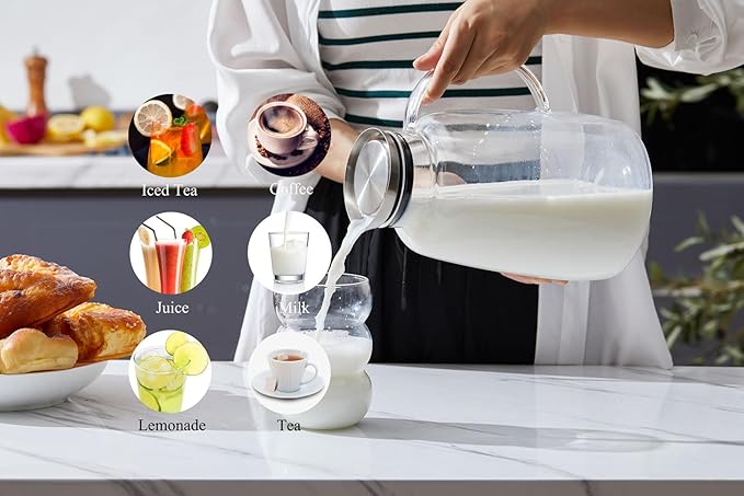 Purefold Pitcher with Lid, 109 Ounces Water Pitcher, Heat Resistant Leakproof, Borosilicate Glassware for Boiling Water, Iced Tea, Juice, Milk, Coffee, Lemonade, Hot and Cold Beverages