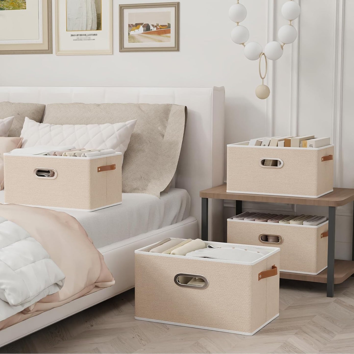 Yawinhe Fabric Storage Bins with Handles, Foldable Baskets for Shelves, Cubes with 3 Handles, Large Boxes for Clothes, Beige, 16.9''Lx11.8''Wx10.2''H, 4-Pack