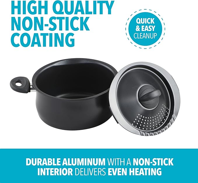 Bialetti 5.5-Quart Nonstick Aluminum Pasta Pot with Strainer Lid and Handles, PFOA-Free Nonstick Oval Cooking Pot and Lid, Black