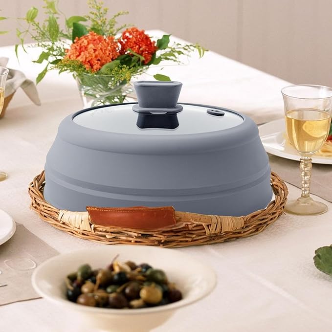 Microwave Splatter Cover Glass Microwave Cover for Food Collapsible Splatter Guard Lid with Silicone Handle for Pot Plate Bowl 9 Inch Grey