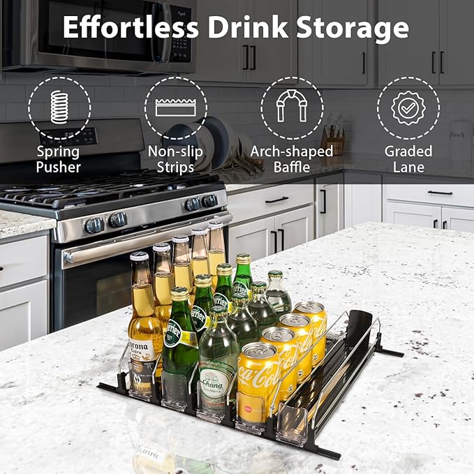 Upgraded Drink Organizer for Fridge – Adjustable Width Soda Can Organizer with Automatic Glide, Space-Saving Refrigerator Can Dispenser Holds Up to 25 Cans – Drink Holder for Fridge (5 Rows, Black)