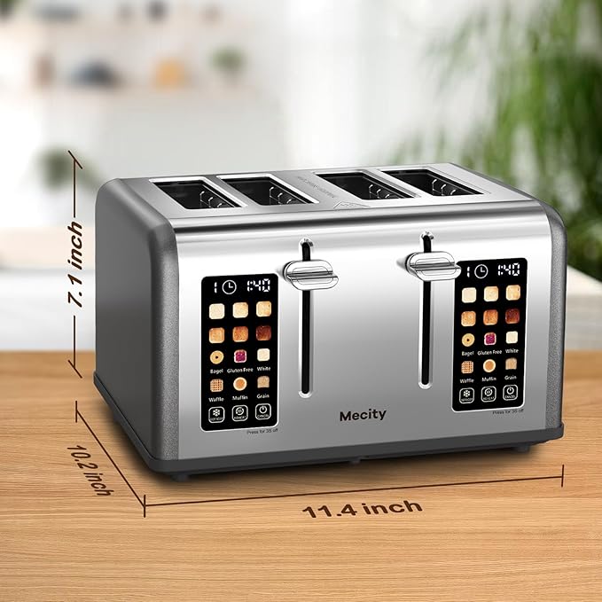 Mecity 4 Slice Toaster with Touch Screen Control, 4 Wide Slots, Stainless Steel Smart Bread Toaster for Bagels, Muffins, Waffles, Dual Control Panel, Timer, Defrost, Reheat, 120V 1650W, Pearl Grey