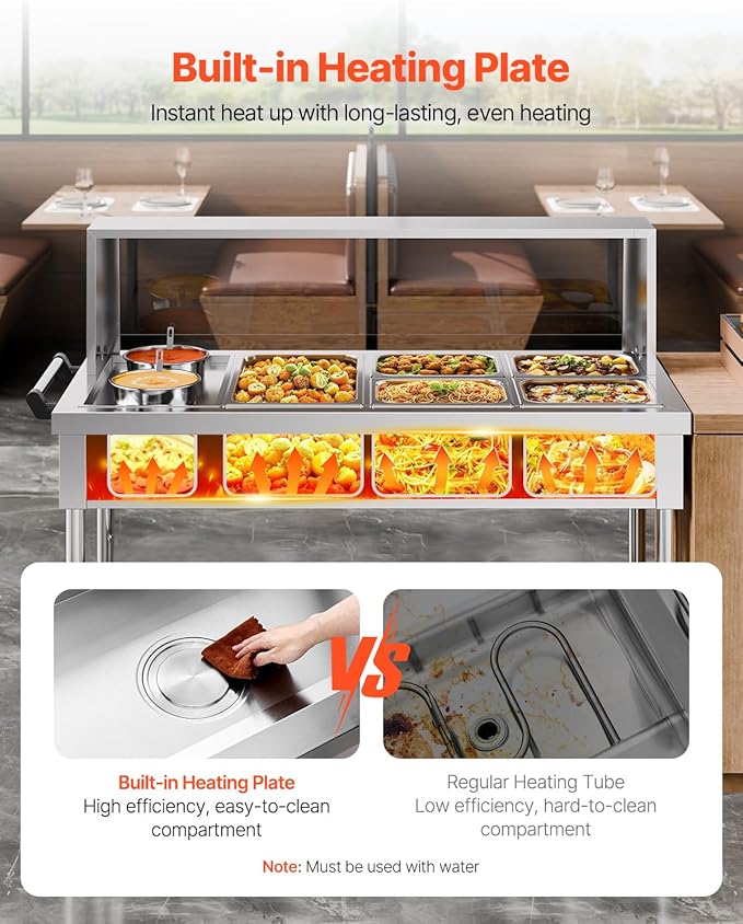 VEVOR Commercial Food Warmer, 5 Pans + 2 Pots Electric Steam Table, 1800W Professional Buffet Catering Food Warmer with Shield Undershelf Wheels, Stainless Steel Server for Party Restaurant Hotel