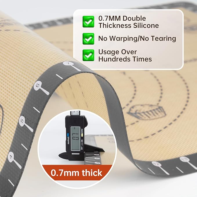 Silicone Mat for Baking, Extra Thick Silicone Baking Mat with 10 Easy Recipes, Non Stick Pastry Mat for Dough Rolling, Macaron, Cookie, bread, Pizza, Fondant/Pie Crust, Oven& Dishwasher Safe