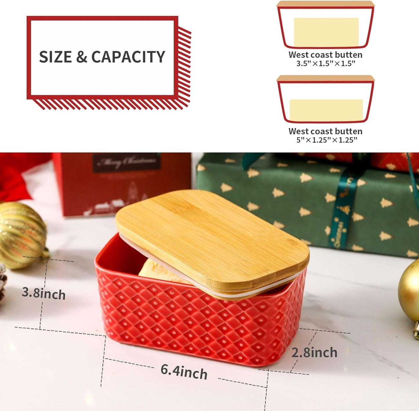 Ceramic Butter Dish with Lid,Large Butter Container with Airtight Cover for Countertop or Refrigerator,Farmhouse Kitchen Butter Holder for New Year Gift,Dishwasher Safe,Red Embossed Pattern