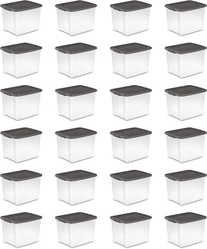 Sterilite 24-Pack ShelfTote, Clear Plastic Storage Bins with Lids, 50 Quart, Gray - Stackable Organizing Container Boxes for Closet, Bathroom, and Office
