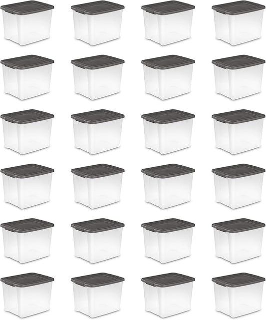 Sterilite 24-Pack ShelfTote, Clear Plastic Storage Bins with Lids, 50 Quart, Gray - Stackable Organizing Container Boxes for Closet, Bathroom, and Office