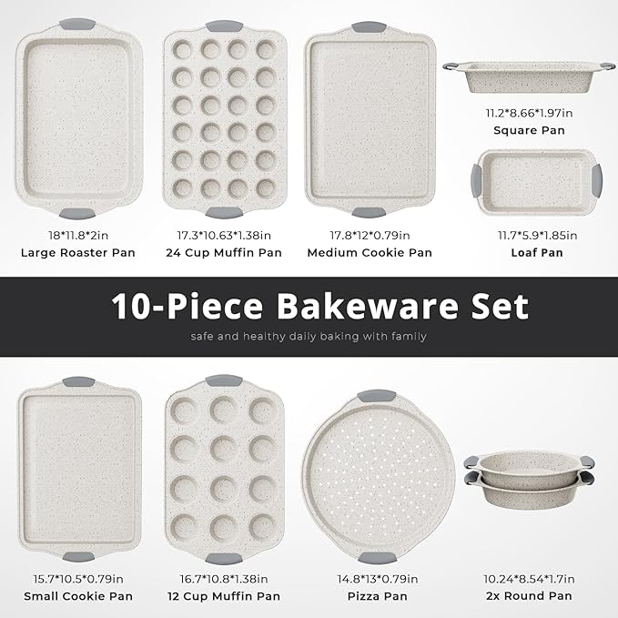 10-Piece Nonstick Baking Pans Set, Stackable Non Toxic Bakeware Sets with Cookie Sheets, Cake Pan, Loaf Pan, Pizza Pan, Muffin Pan, White&Gray