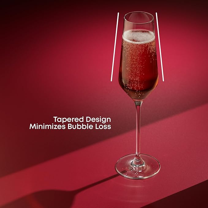 JoyJolt Champagne Glasses Layla Collection, Set of 4 – 6.7 oz Elegant Crystal Stemmed Champagne Flutes for Prosecco, Sparkling Wine, Mimosas, Cocktails, Weddings, Anniversaries, Parties