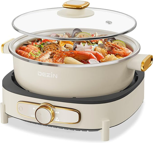 Dezin Electric Shabu Shabu Pot with Removable Pot, 4L Electric Non-Stick Pot with Multi-Power Control, 3.7" Depth Electric Cooker with Tempered Glass Lid for Party, Family and Friend Gathering