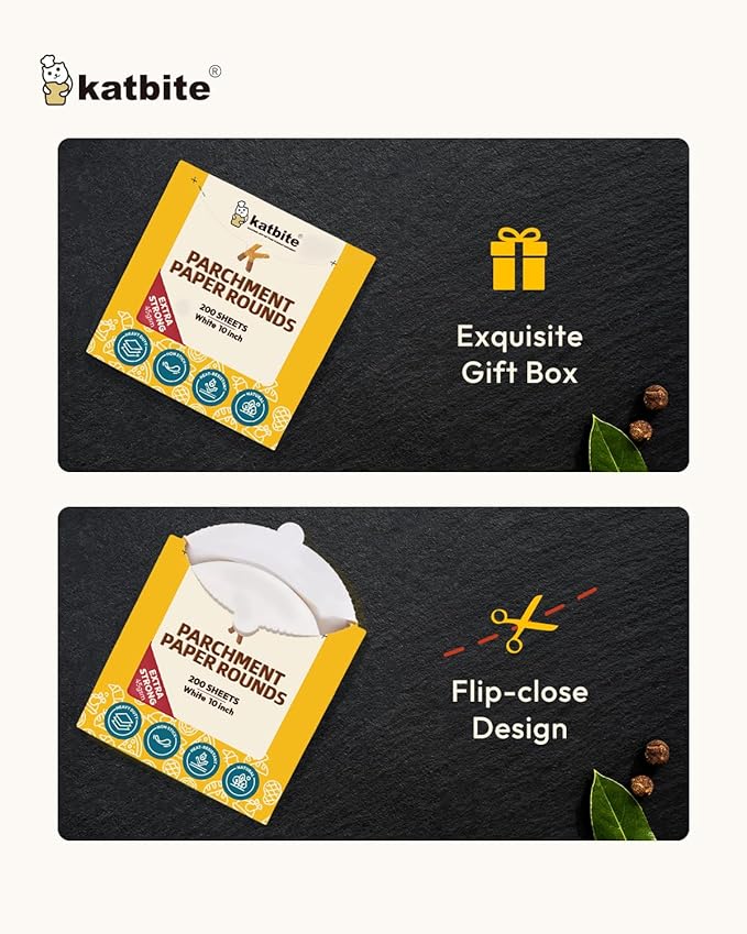 Katbite Heavy Duty Parchment Rounds 10 Inch, 200Pcs Round Parchment Paper Rounds, Use for Cake Baking, Air Fryer Liners, Separating Frozen Patty, Toaster Oven, Tortilla Press