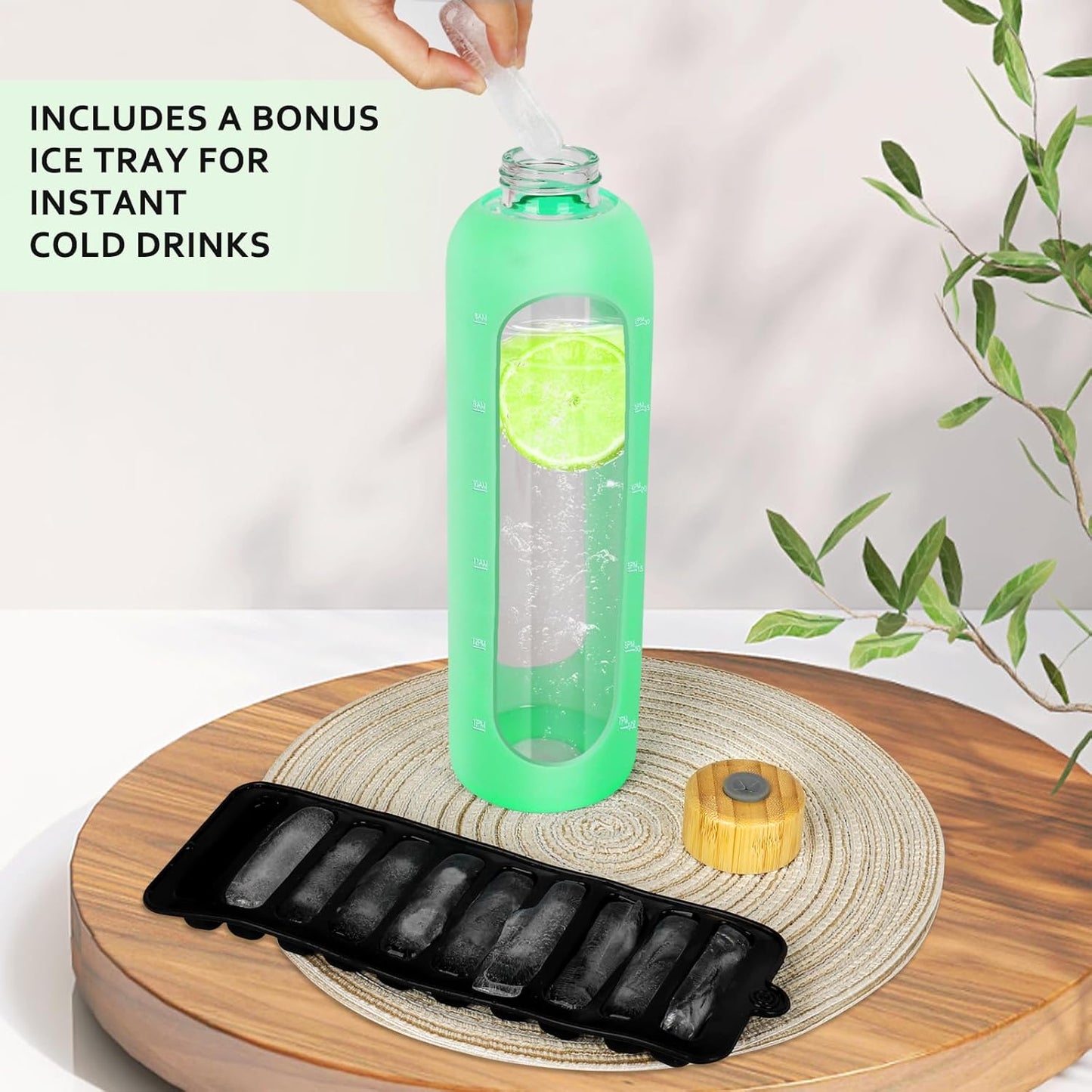 Glass Water Bottles 32 oz - Motivational Drinking Glass Water Bottle with Silicone Sleeve, Straw & 2 Bamboo Lids - 1 Liter Clear Borosilicate Daily Intake Tumbler with Time Marker - Jade Green