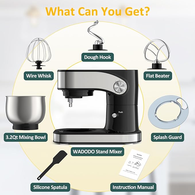 WADODO Stand Mixer, 3.2Qt Small Kitchen Mixer,6 Speeds Electric Food Mixer,Lightweight 304 Stainless Steel Kitchen Mixer with Bowl, Egg Whisk, Dough Hook, Flat Beater & Splash Guard - for Daily Use