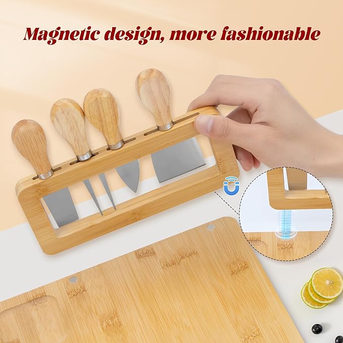 Bamboo Charcuterie Boards Cheese Board Knife Set14‘’x11‘’,House Warming Gifts for New Home Gift for Mom Couples Bridal Shower Bridesmaid Gifts (13 x 10 x 0.59 inches)