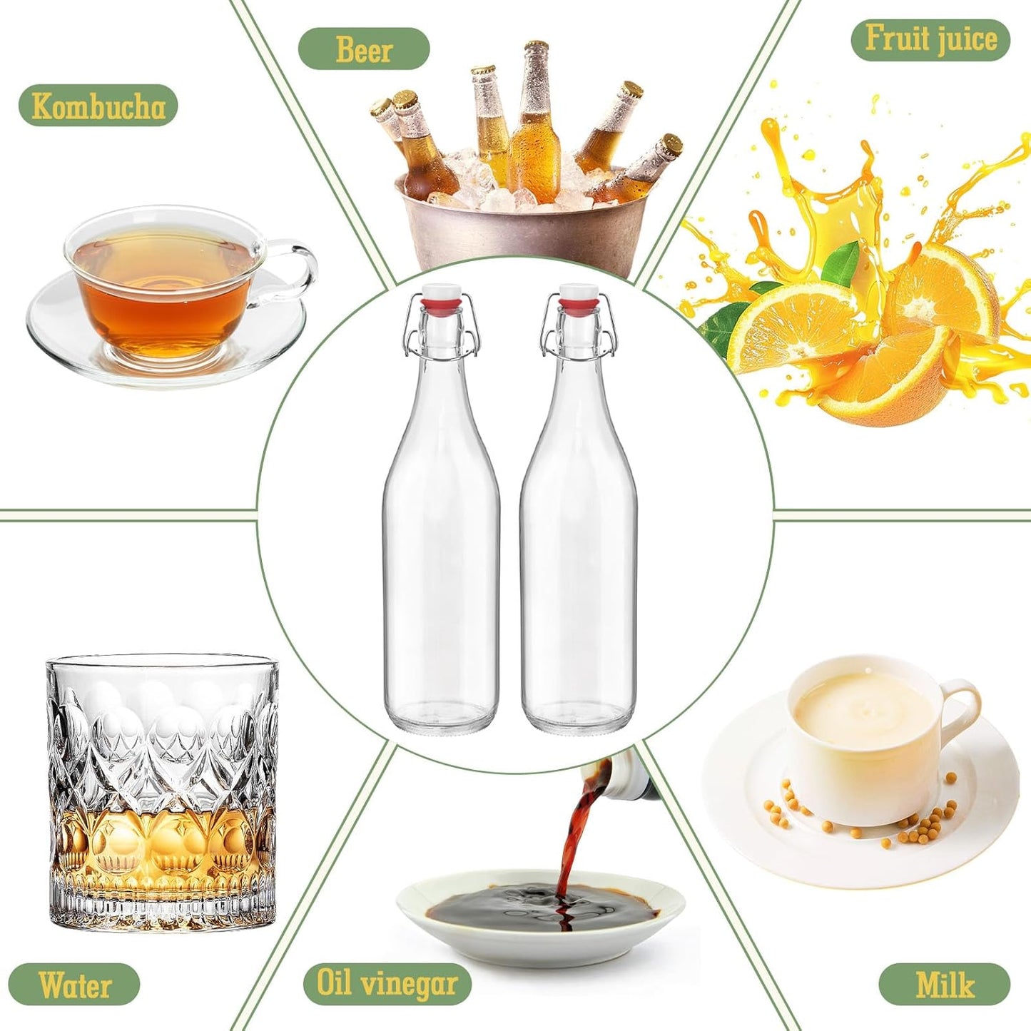 6 Pack [1 Liter / 33 fl. oz.] Swing Top Glass Bottles – Airtight Flip Top Brewing Bottles for Kombucha, Beer, Wine, Kefir, Soda, Liquor – Includes Funnel, 2 Pourers, 6 Seals, 8 Labels & Jute Twine