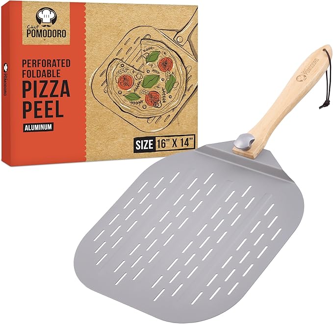 Chef Pomodoro Aluminum Metal Pizza Peel with Foldable Wood Handle for Easy Storage, Pizza Spatula, Gourmet Luxury Pizza Paddle for Baking Homemade Pizza Bread (16 inch)