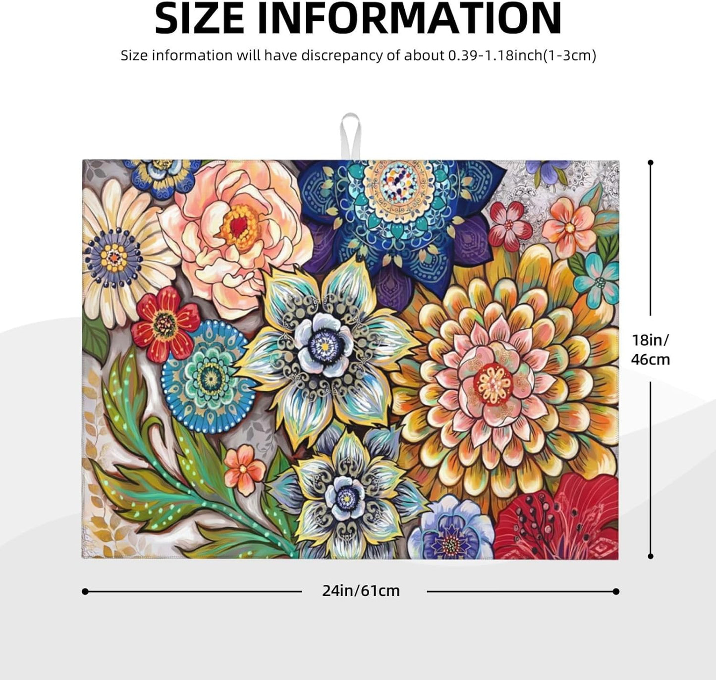 Floral Dish Drying Mat 18x24 for Kitchen Counter, Boho Coloful Flowers Decorative Absorbent Coffee Mat Dish Drying Pad Coffee Bar Dish Drainer Rack Mat Drainer Mat