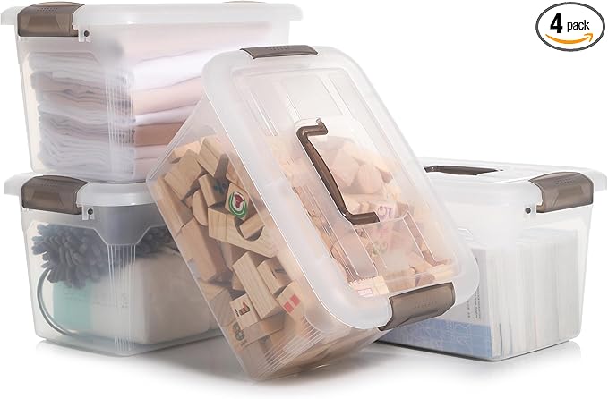 Citylife 4 Packs 8.5 QT Storage Bins with Lids Clear Plastic Bins with Grey Handle Stackable Storage Containers for Organizing