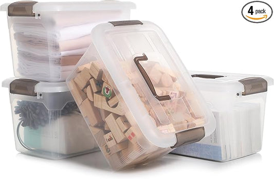 Citylife 4 Packs 8.5 QT Storage Bins with Lids Clear Plastic Bins with Grey Handle Stackable Storage Containers for Organizing