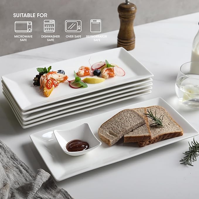 12" Serving Platters Set of 4, White Rectangular Plates, Ceramic Serving Tray, Stackable Large Party Plates for Appetizer, Dessert, Steak, Sushi, Housewarming, Oven Dishwasher Safe