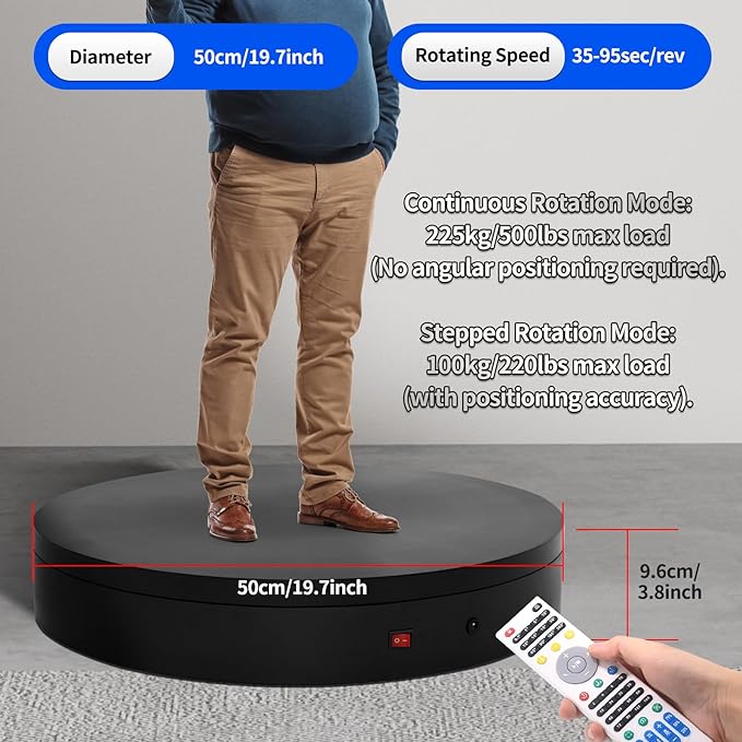 19.7In Remote Large Motorized electric turntable Rotating platform Photography Turntable Motorized lazy susan Base giratoria para for Photography,3D Scanner,Heavy duty display(Load Range:220~500lbs)