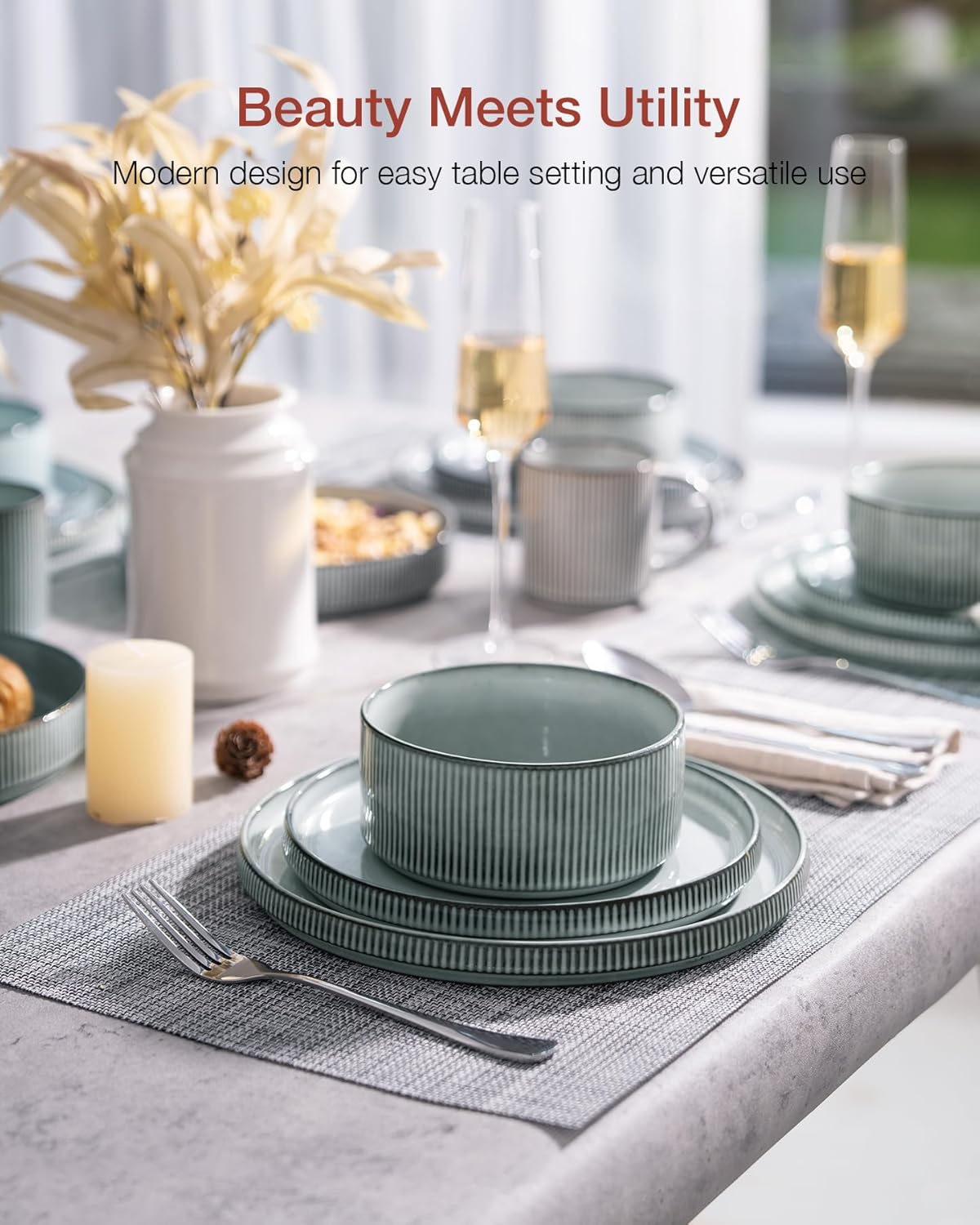 famiware Star Plates and Bowls Sets, Modern Stoneware Dinnerware Sets for 8, 24-Piece Kitchen Dish Set - Microwave and Dishwasher Safe, Chip and Scratch Resistant, Smoky Blue