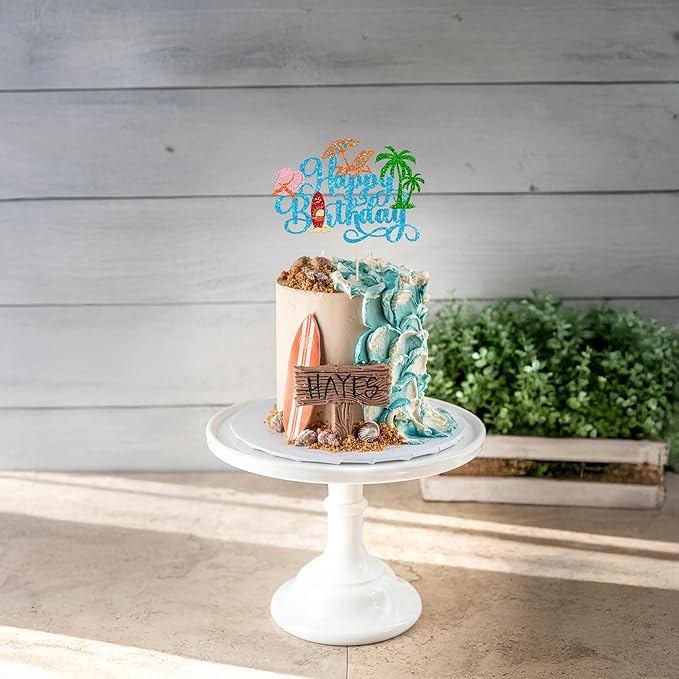 Gyufise 1Pcs Summer Beach Happy Birthday Cake Topper Glitter Ball Tree Umbrella Pool Cake Pick for Hawaiian Holiday Baby Shower Birthday Party Cake Decorations Supplies Blue