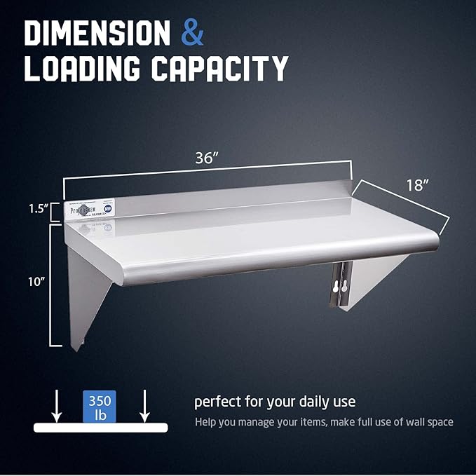 Profeeshaw NSF Stainless Steel Shelf 18” x 36”, 350 lb Commercial Shelves Wall Mounted Metal Shelving with Backsplash and 2 Brackets for Restaurant, Bar, Utility Room, Kitchen and Garage