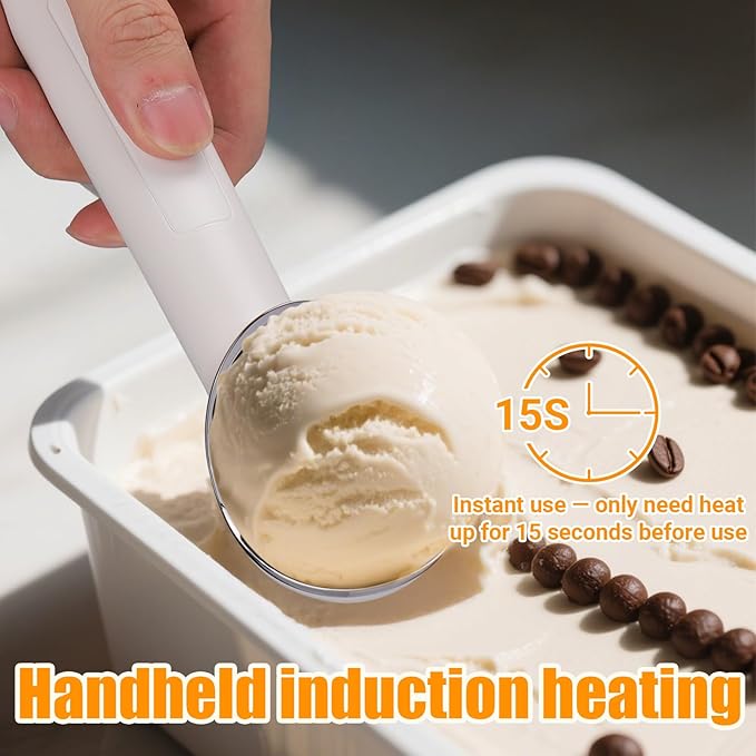 Juome Heated Ice Cream Scoop - 15 Seconds Fast Heating Electric Ice Cream Scooper USB Rechargeable, Handheld Heats Up to 158°F with LED Display for Hard Ice Cream, Easy Use for Seniors & Kids (White)