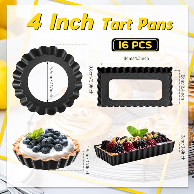 Tessco 16 Pieces Mini Tart Pans with Removable Bottom Nonstick Quiche Mini Pie Tart Pans Bakeware Mold Fluted Side for Pies(Black Round and Rectangle,4 Inch and 4.33 x 2.36 x 0.79 Inch)