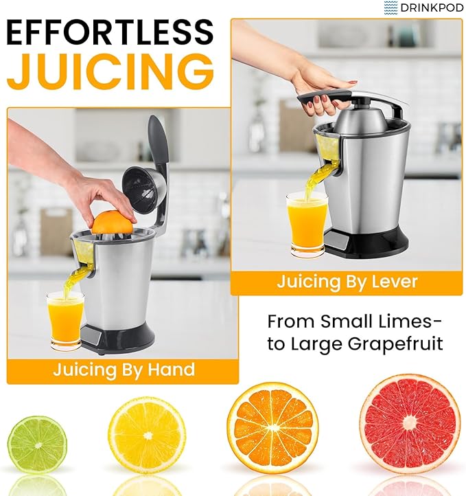 DRINKPOD Premium Electric Orange Juicer | Stainless Steel Citrus Squeezer With New Ultra-Powerful Motor and Soft Grip Handle for Effortless Juicing, Auto Shutoff, Dishwasher-safe Parts, Pulp Control