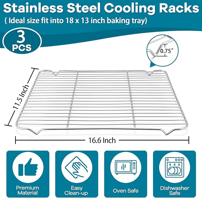 Baking Cooling Rack Set of 3, P&P CHEF Stainless Steel Cooking Roasting Drying Wire Racks, 16.6” x 11.6” Inches to Fit Half Sheet Pan, Non-toxic & Durable, Oven & Dishwasher Safe