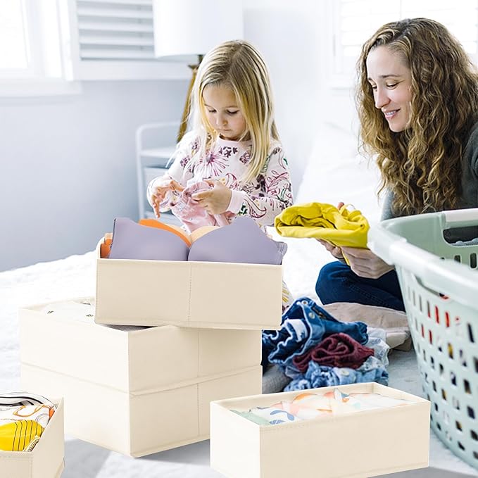 Criusia Drawer Organizer Clothes 6 Pack - Sock Underwear Drawer Organizer Divider - Dresser Organizer Bins for Closet Bedroom - Baby Clothes Organizers and Storage for Nursery Organization -Beige