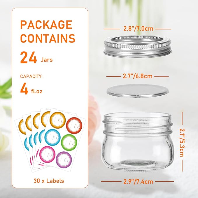 4 oz Mason Jars With Silver Lids and Bands, 24 Pack Regular Mouth Canning Jars for Jam, Honey, Yogurt, Candy, Spices, Snacks, DIY Projects, Wedding Favors- Includes 30 Stickers