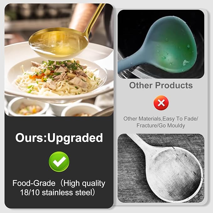 Gold Soup Ladle - 18/10 Stainless Steel Ladle Spoon, 13.8" Soup Spoons [Integral Forming, Heat Resistance，Vacuum Handle] Kitchen Metal Ladel for Cooking, Serving, Stirring, Canning，Sauce, Wok & Soup