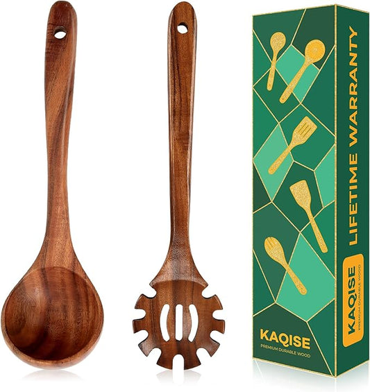 Wooden Spoons for Cooking, 2PCS Natural Teak Wooden Utensils, NonStick Kitchen Utensils Set for Stirring,Serving Spaghetti, Soup, Sauce (Ladle & Pasta Fork)