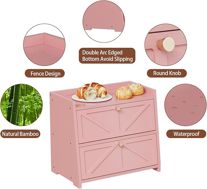 Vintage Double Layer Bread Box for Kitchen Counter Bamboo Bread Storage Container Large Capacity Bread Storage Bin (Pink)