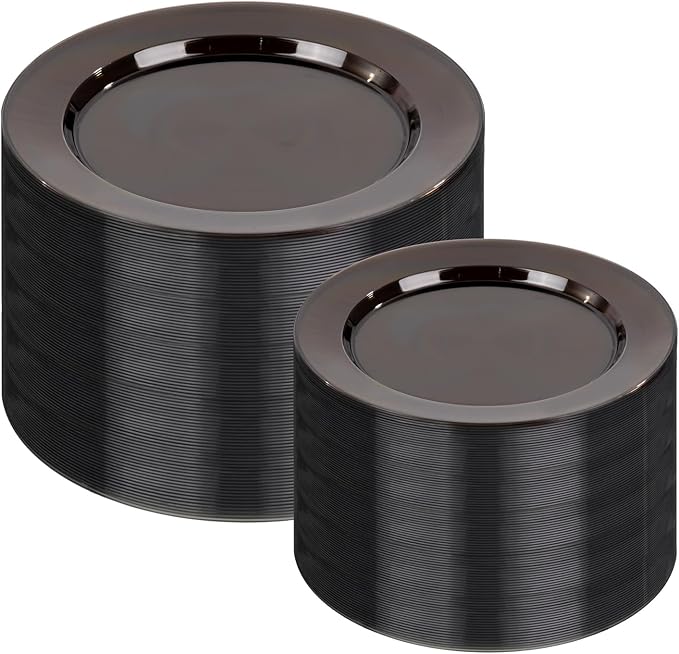 I00000 200 Pcs Clear Black Plastic Plates, Black Disposable Party Plates Include 100 Dinner Plate 10’’ and 100 Dessert Plate 7’’ Perfect for Birthday, Party & Wedding