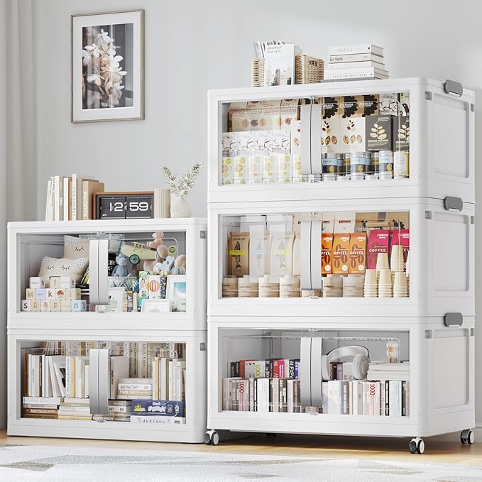 800QT Stackable Storage Bins with Lids, 200Gal Extra Large Collapsible Storage Box with Wheel, Plastic Storages with Clear Door Open Front for Home Bedroom Garage, White-5pack(5 lids)