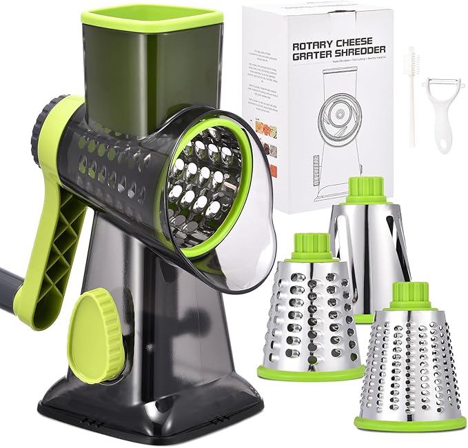 Rotary Cheese Grater Hand Crank Cheese Shredder Vegetable Mandoline Slicer for Kitchen 3 in 1 Changeable Blades for Cheese Potato Nuts Chocolate Ice (Green TSP)