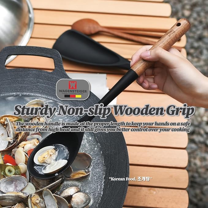 Silicone Cooking & Serving Spoon: Multi-Purpose Cooking Tool for Basting Serving Scooping Scraping Mixing Basting, Non-stick Cookware Safe, Wooden Handle Design