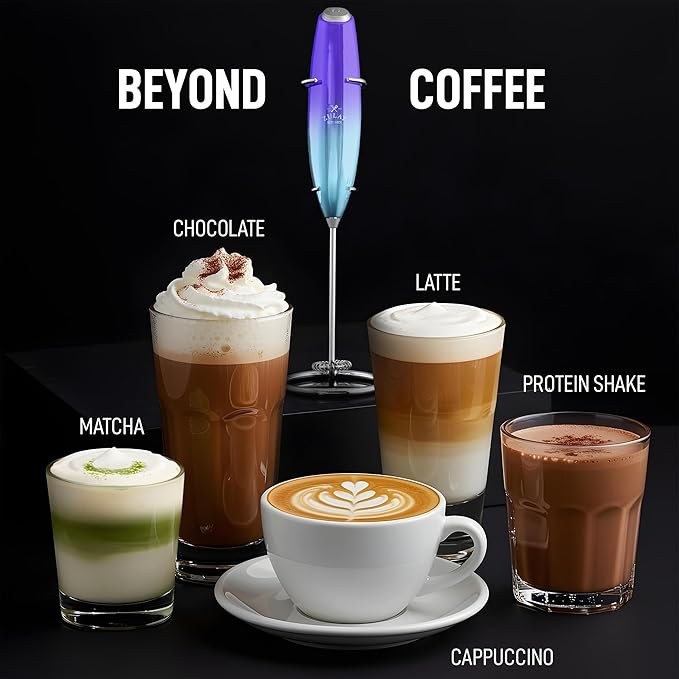 Zulay Executive Series Ultra Premium Gift Milk Frother - Coffee Frother Handheld Foam Maker For Lattes - Electric Milk Frother Handheld For Coffee - Purple Teal Fade w Silver OG Stand
