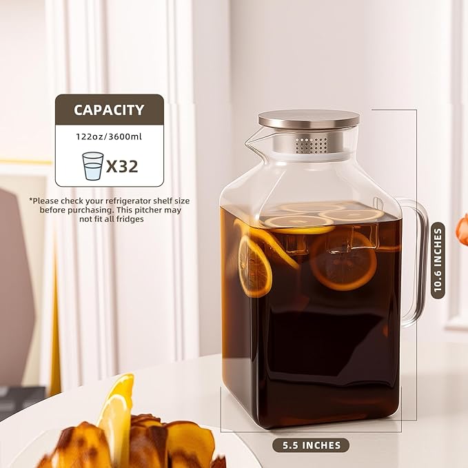 Glass Pitcher, 3.6L Glass Water Pitcher with Tight Stainless Steel Lid, Heat Resistant Borosilicate Glass Carafe, Temperature Safe (MG10)