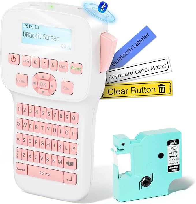 Pink Label Maker Machine with-Tape, Rechargeable Label Maker with Keyboard, Bluetooth Labeler Machine LM1600, Backlit Display, Multiple Symbol Icon Style Templates for Home Office Use