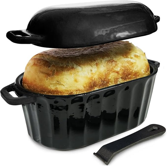 Dutch Oven Enameled Cast Iron Bread Pan with Lid Sourdough Loaf Pans for Baking Bread Large Heavy Oval Bread Dutch Oven with Movable Handle 4 Qt Black Dishwasher Safe