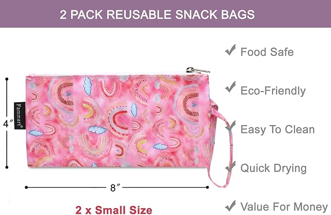 Reusable Sandwich Bag/Snack Bag for Kids & Adults, Dual Layer Lunch Bag with Handle, Washable, Food Safe, BPA Free (2-Pack, Rainbow)