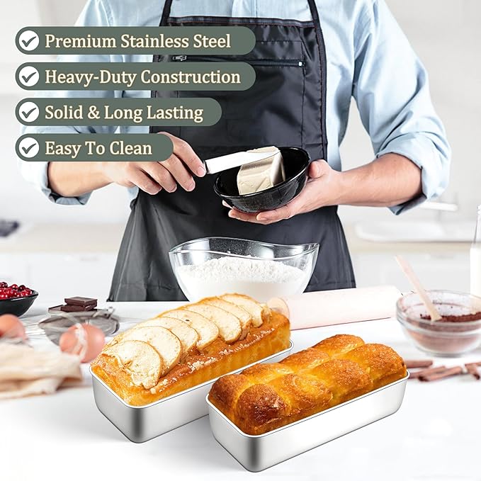 TeamFar Loaf Pan, 12 x 5 Inch Stainless Steel Loaf Pans for Baking Bread, 4 Pack Large Bread Loaf Baking Pan for Homemade Bread, Meatloaf, Cake, Brownies, Non-Toxic, Heavy-duty, Oven & Dishwasher Safe