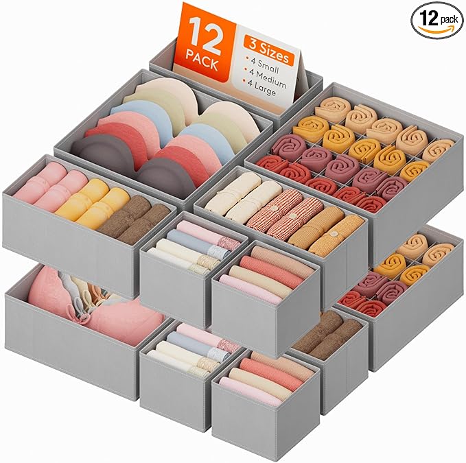 Lifewit Underwear Drawer Organizer for Closet 12 Pack, 3 Sizes Dresser Organizer Dividers, Deep Fabric Foldable Drawer Storage Organizer Bins for Clothes, Sock, Bra, Lingerie, Undies